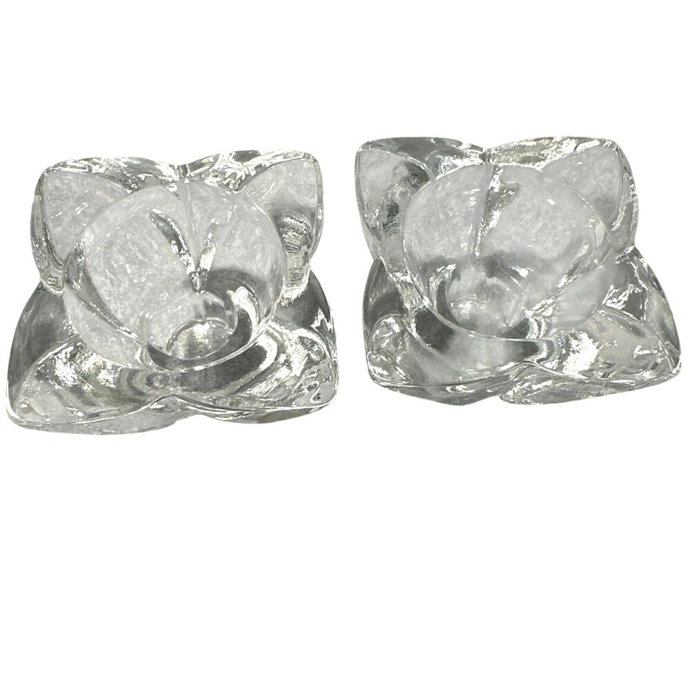 Pair of Vintage Clear Glass Squared Blossom Tapered Candle Stick Holders Flower